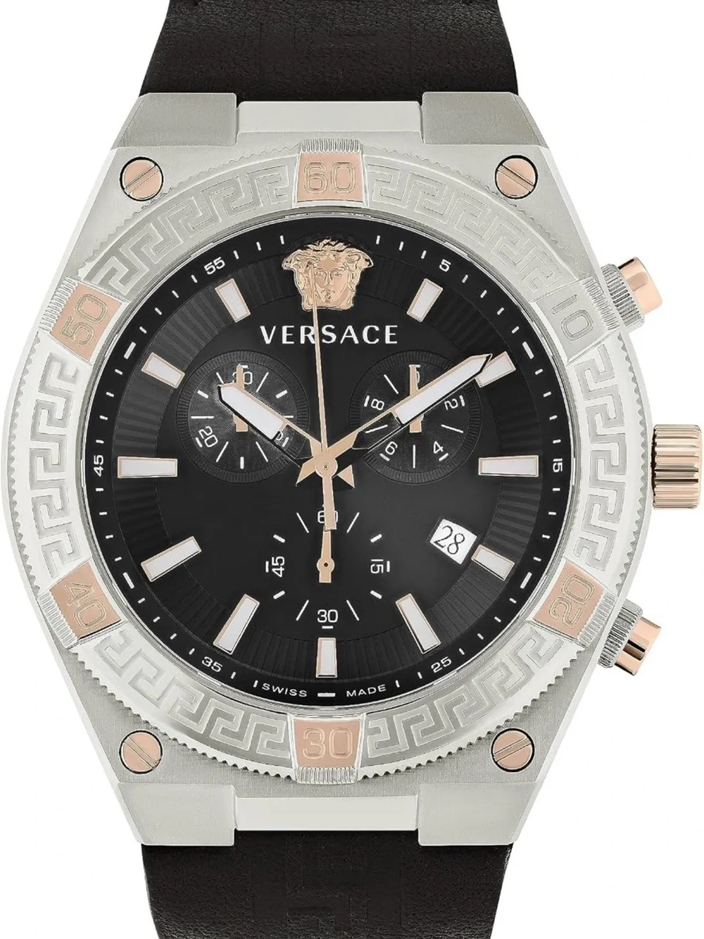 Versace Black Dial Chronograph Watch with Rose Gold Accents